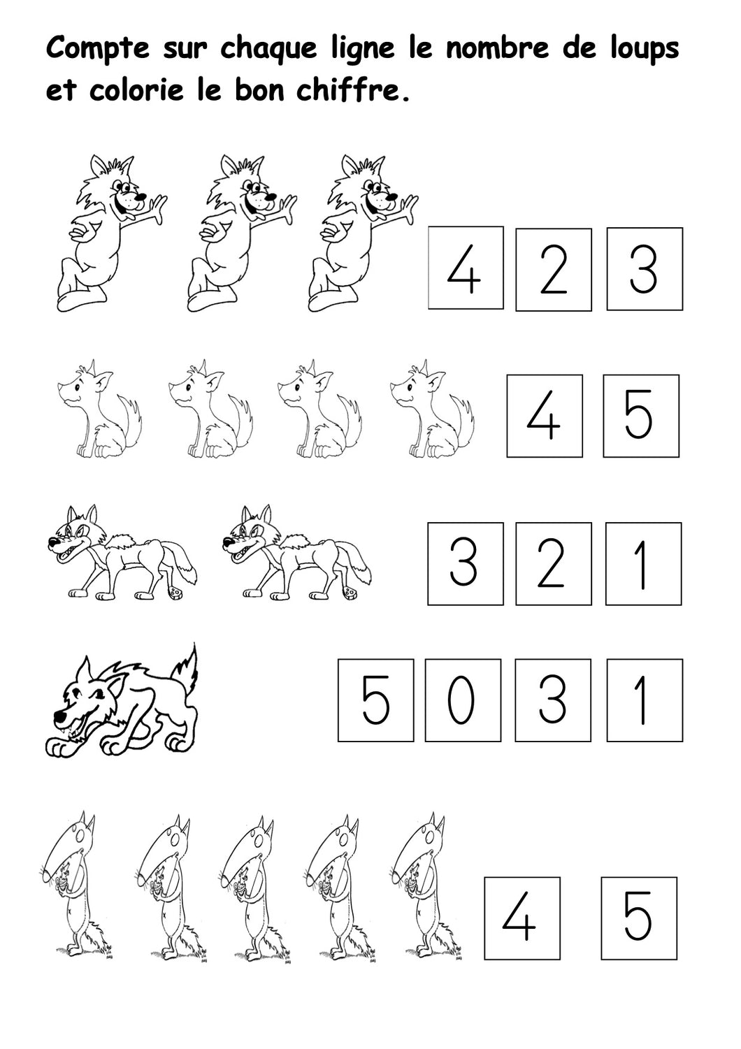 Fiche de dénombrement avec des loups